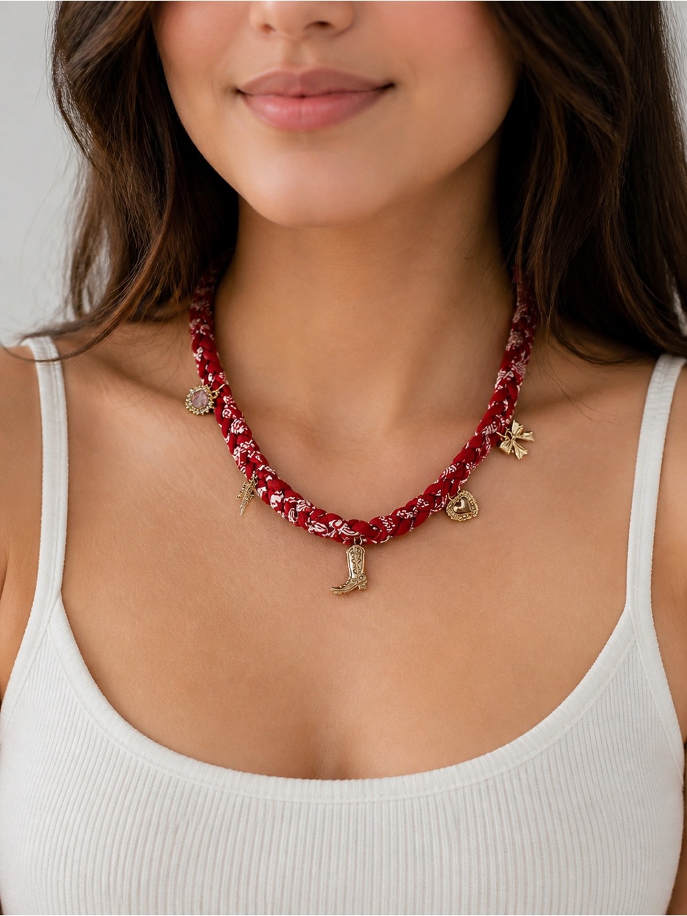 Red Braided Charm Necklace with Gold Accents